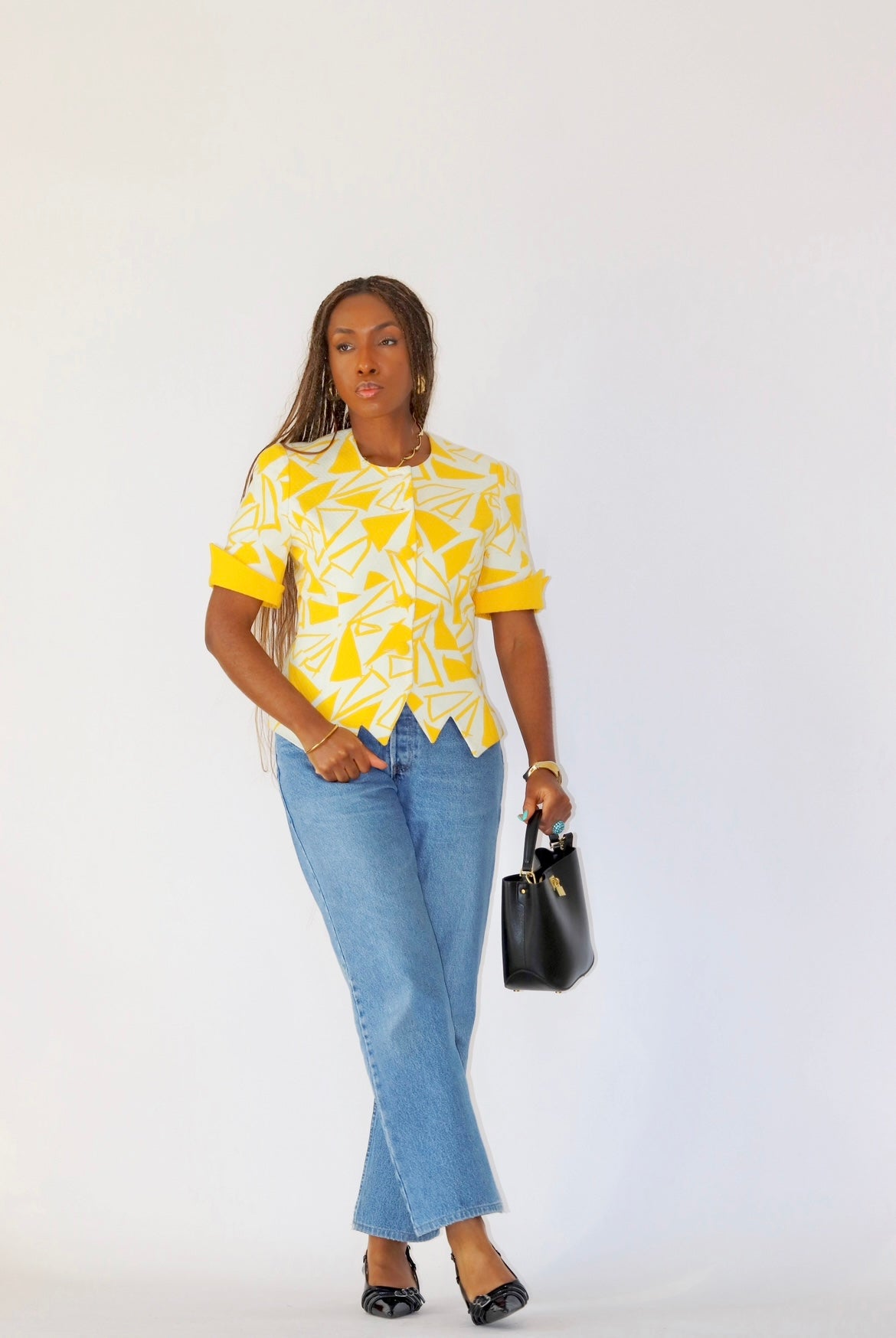 Veste vintage cintrée à motif jaune et blanc