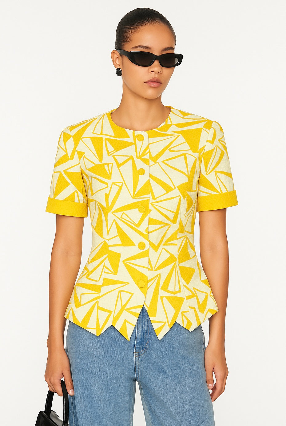 Veste vintage cintrée à motif jaune et blanc