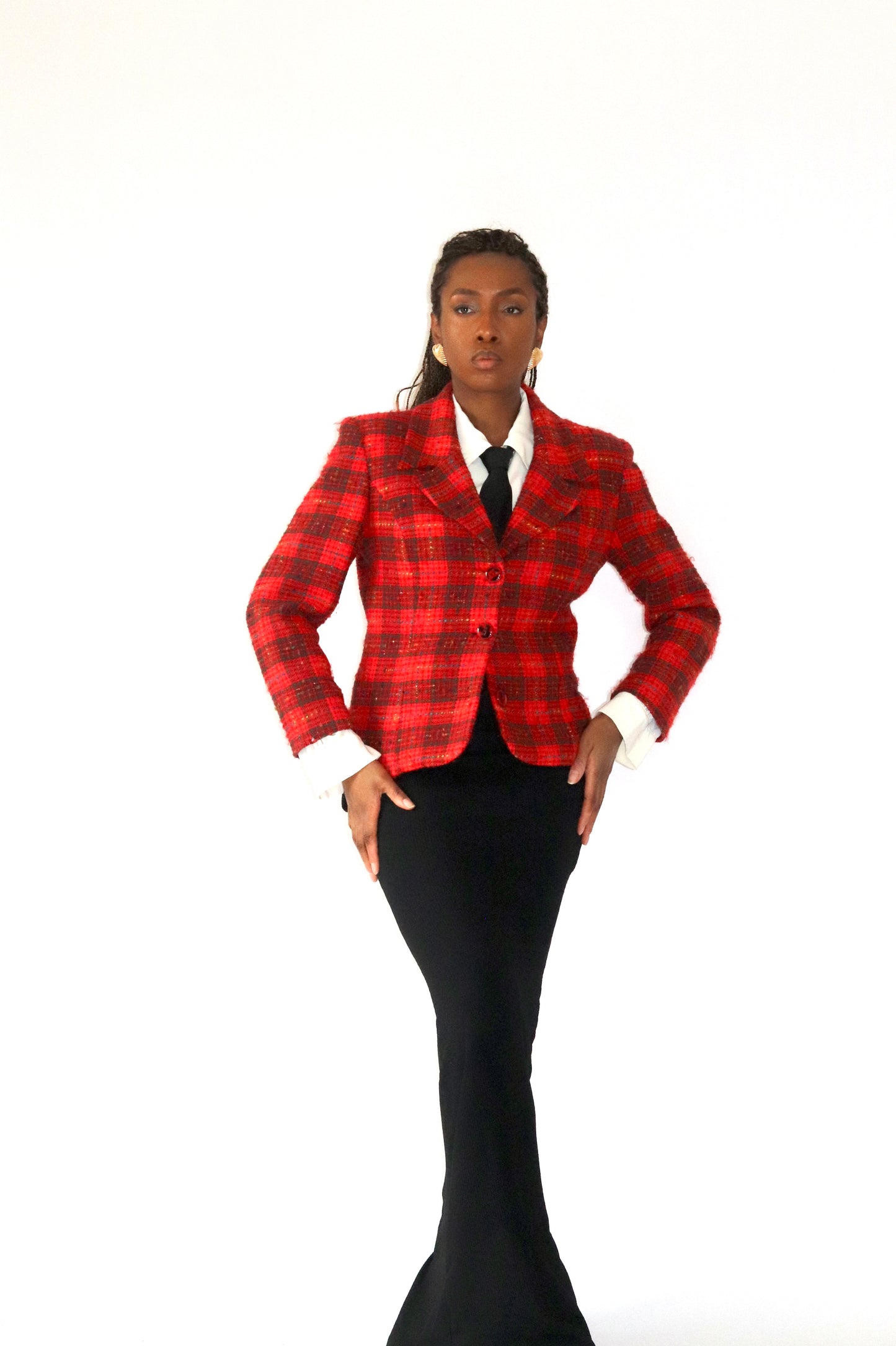Blazer vintage cintré rouge à carreaux