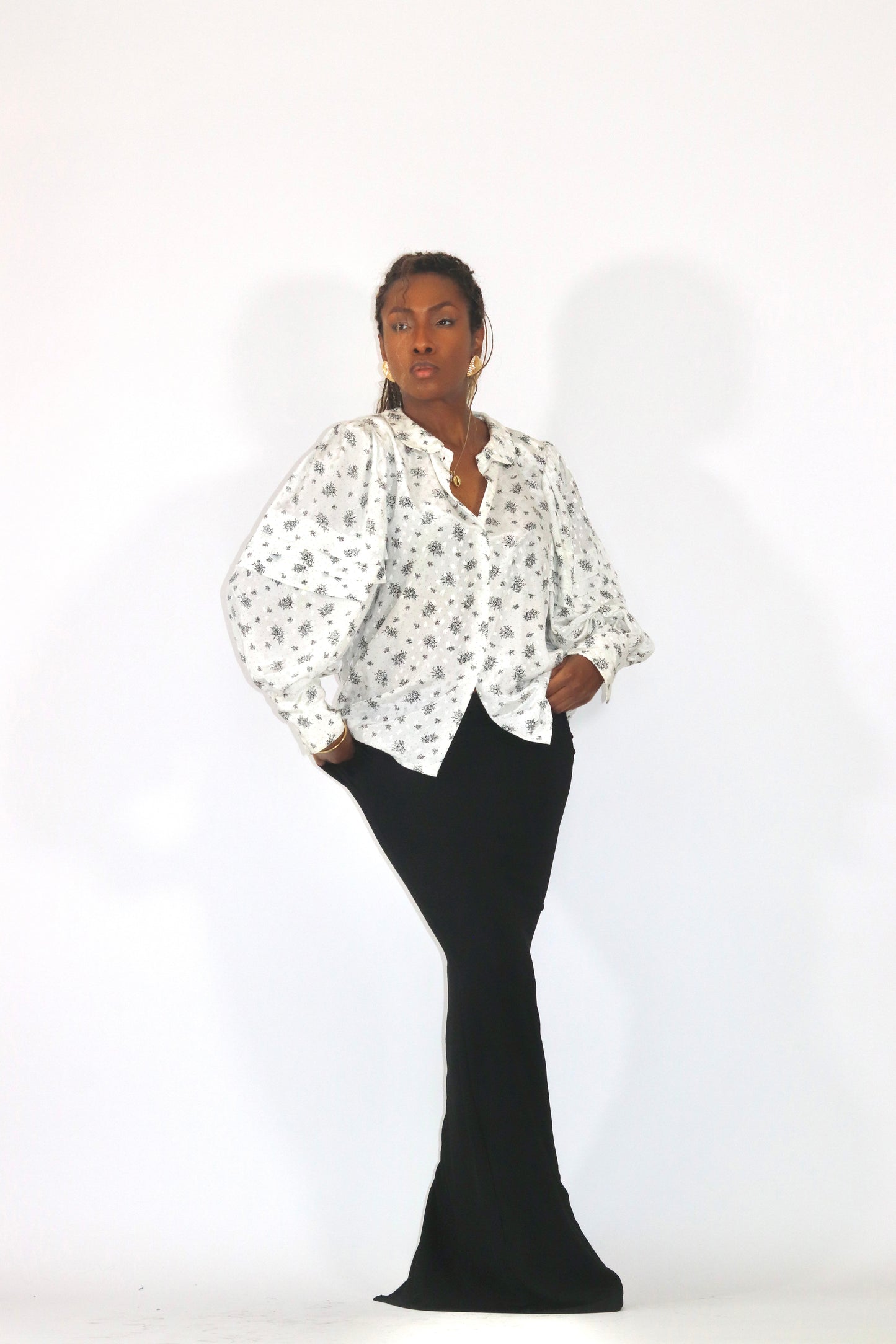 Chemise vintage blanche manche ballon à motif