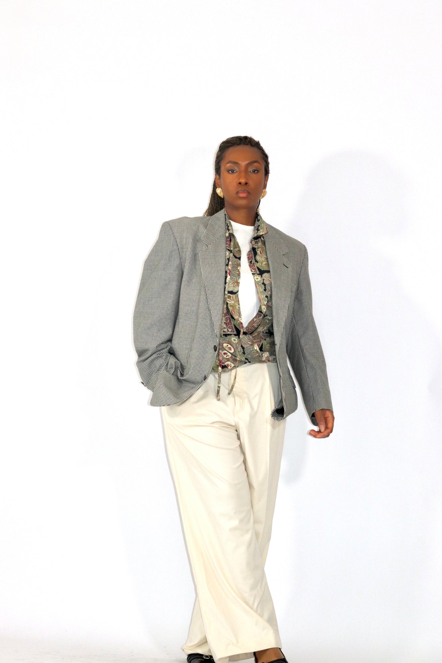 Blazer oversize vintage à petit carreaux noir et blanc