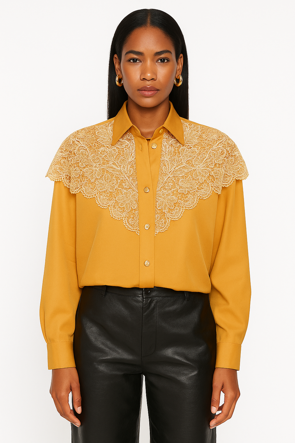 Chemise vintage brodée jaune moutarde