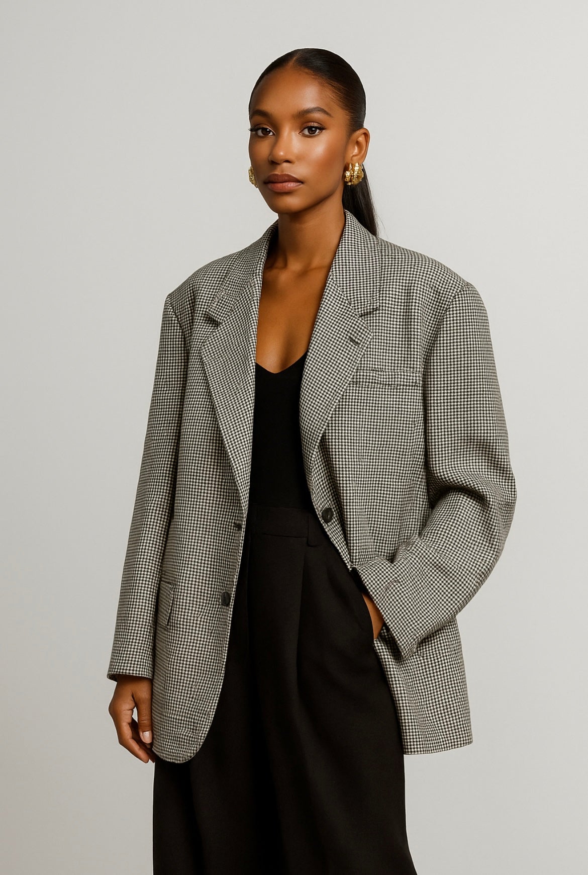 Blazer oversize vintage à petit carreaux noir et blanc