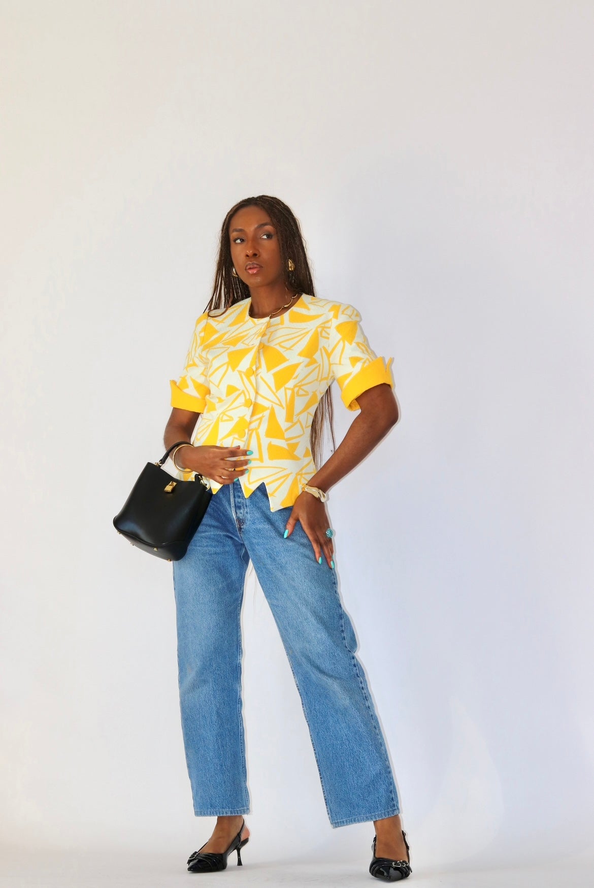 Veste vintage cintrée à motif jaune et blanc