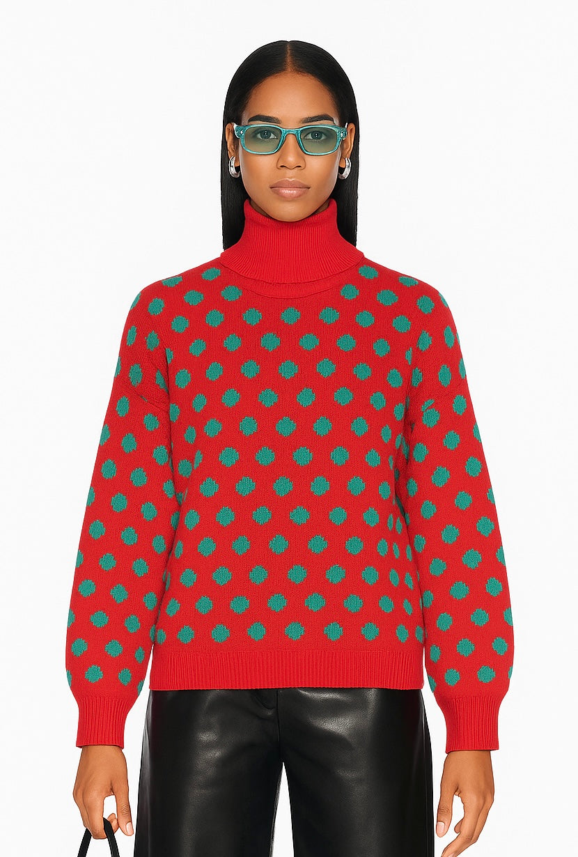 Pull col roulé vintage rose à pois