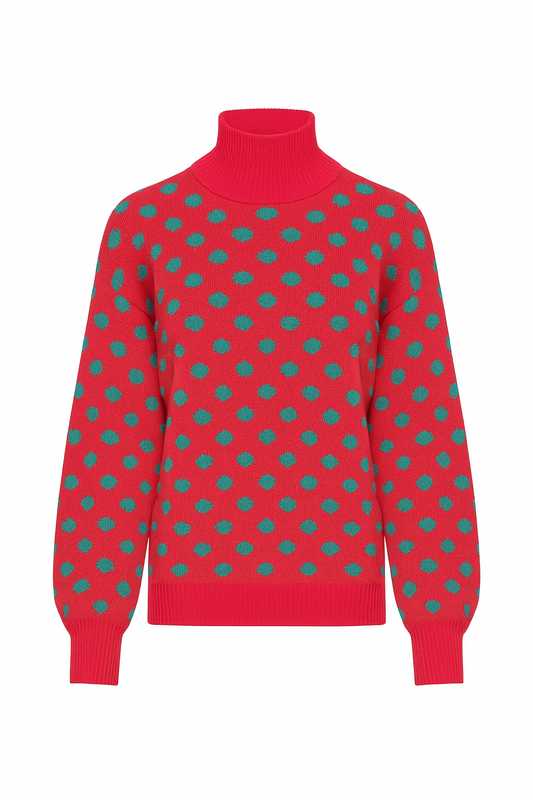 Pull col roulé vintage rose à pois