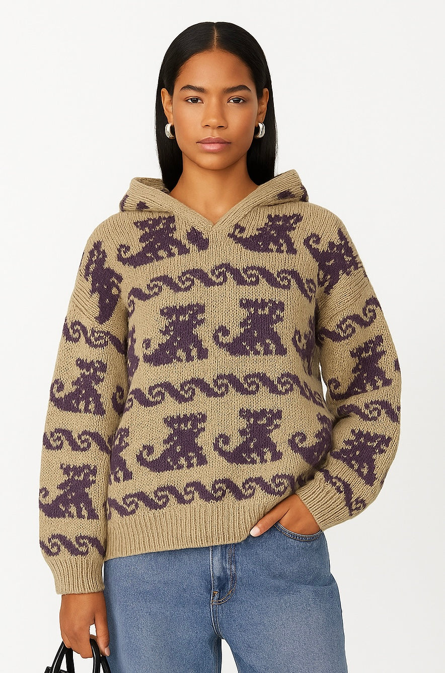Pull en laine épaisse avec capuche et motif