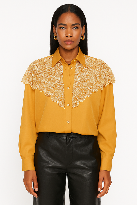 Chemise vintage brodée jaune moutarde